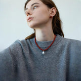 Giselle Red Acacia Bean Earrings & Pearl Necklace