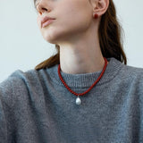 Zephyr Red Beans Earrings & Pearl Beaded Necklace